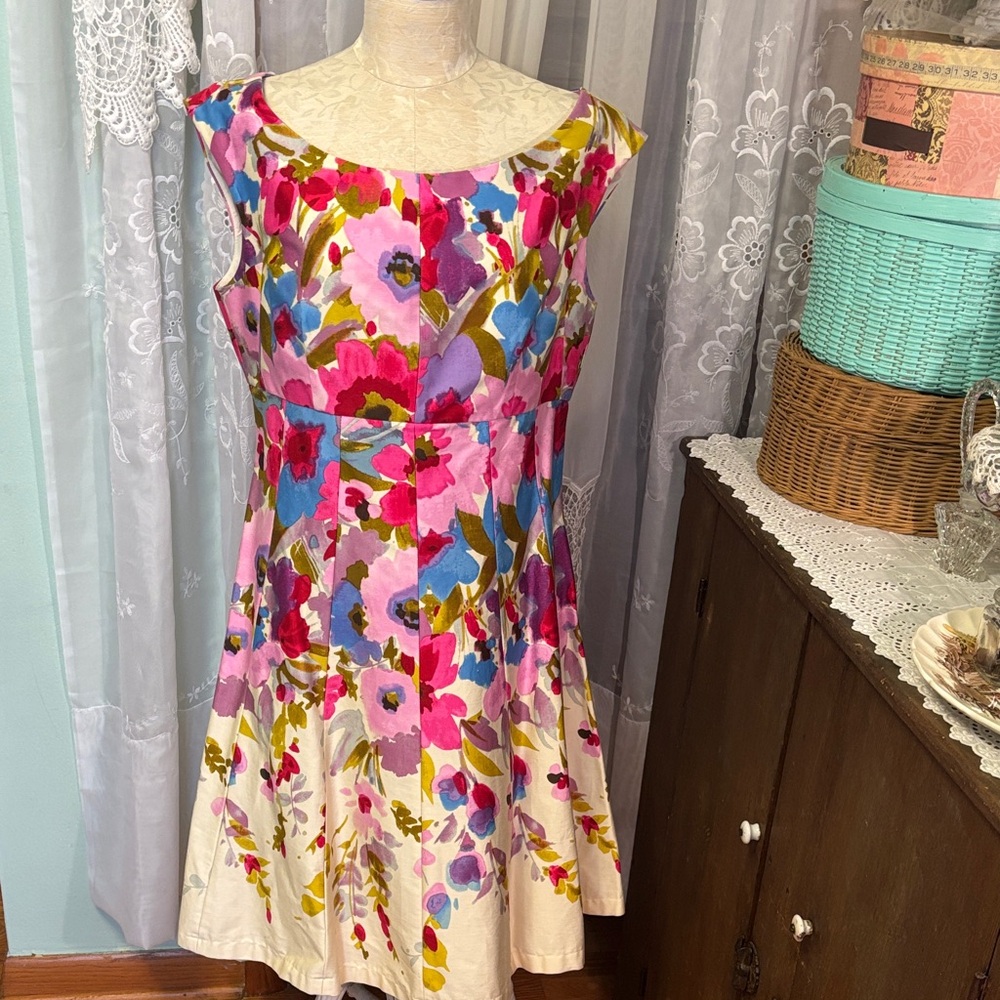 Eliza J Pink Purple Floral Fit & Flare Wide Neck Dress Sz 16